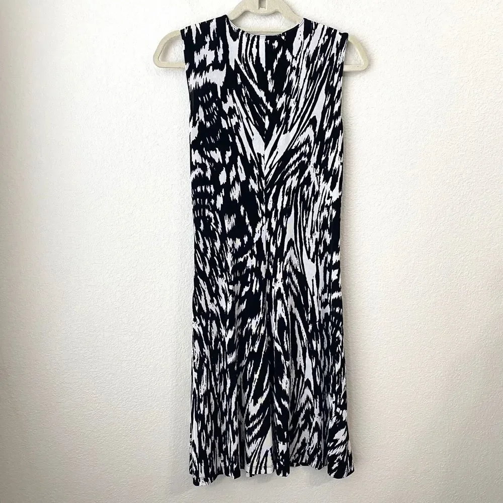 Chico's Dress Womens Size 1 Medium Travelers Faux Wrap Midi Black White - Picture 2 of 7